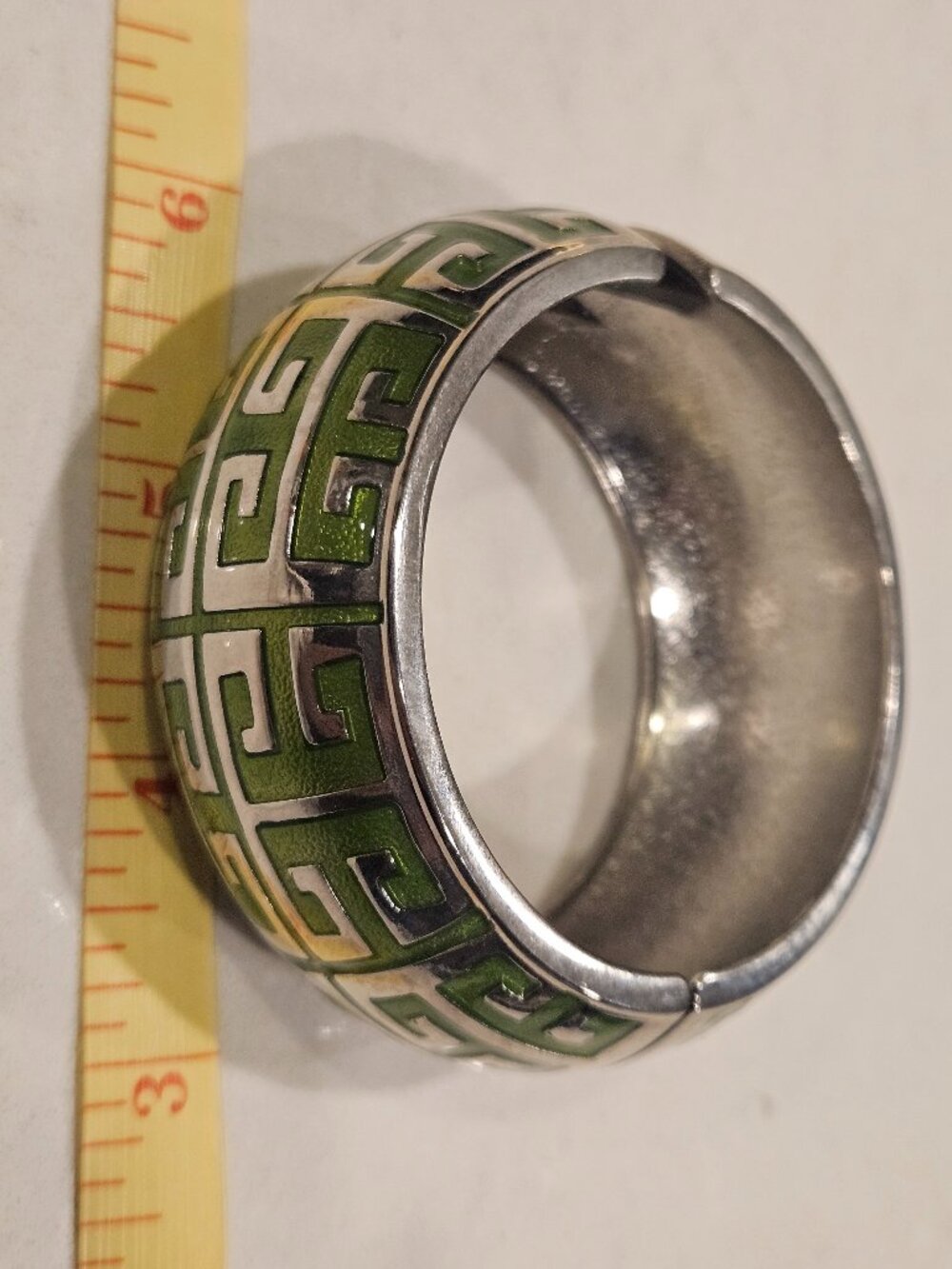 Cuff Bracelet w/ Spring Hinge - Silvertone w/ Olive Green Enamel - Picture 4 of 4